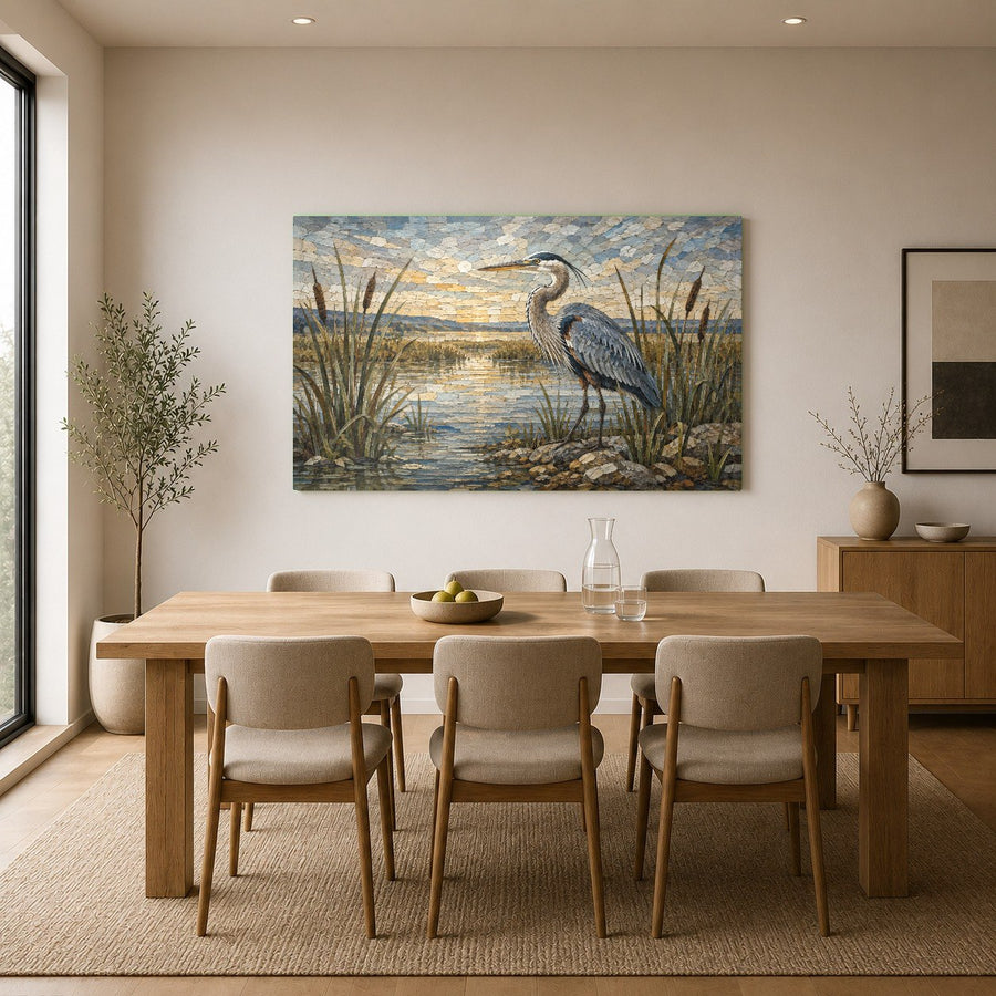 Large heron marsh tempered glass artwork in a spa bathroom, creating a relaxing and luxurious atmosphere.
