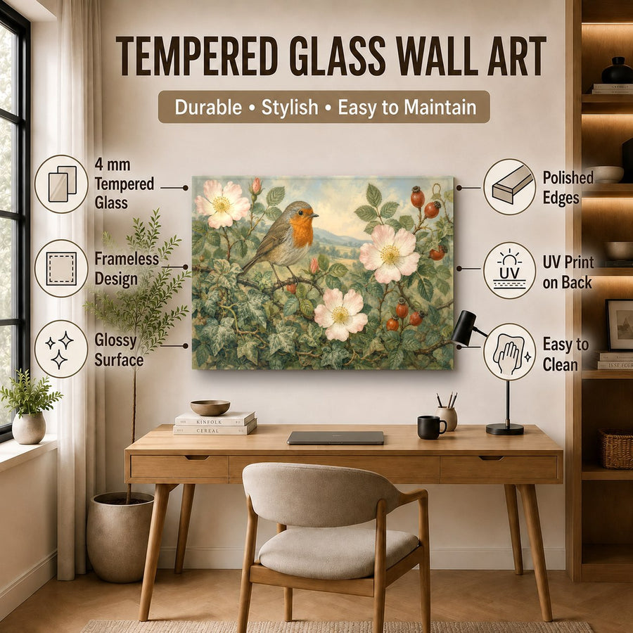 Large format bird and flower glass art styling a chic minimalist hallway