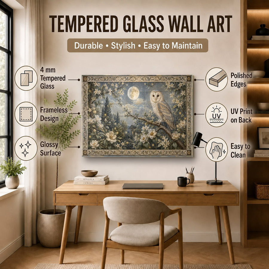 An owl and moon glass panel displayed in a quiet spa relaxation room, creating a peaceful and calming atmosphere.
