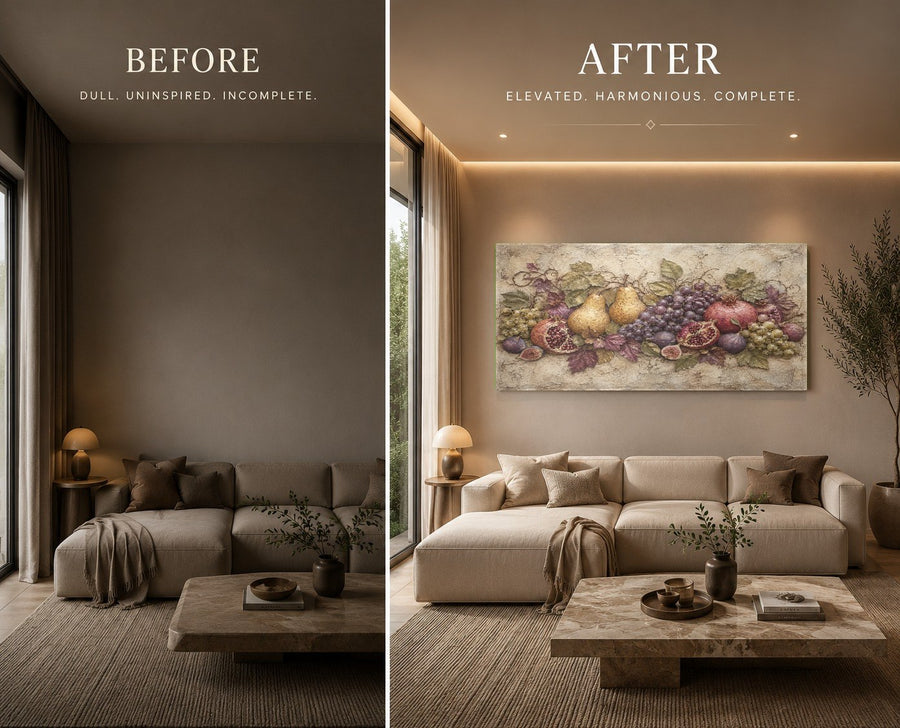 Large fruit glass wall art styled in a stylish breakfast nook setting