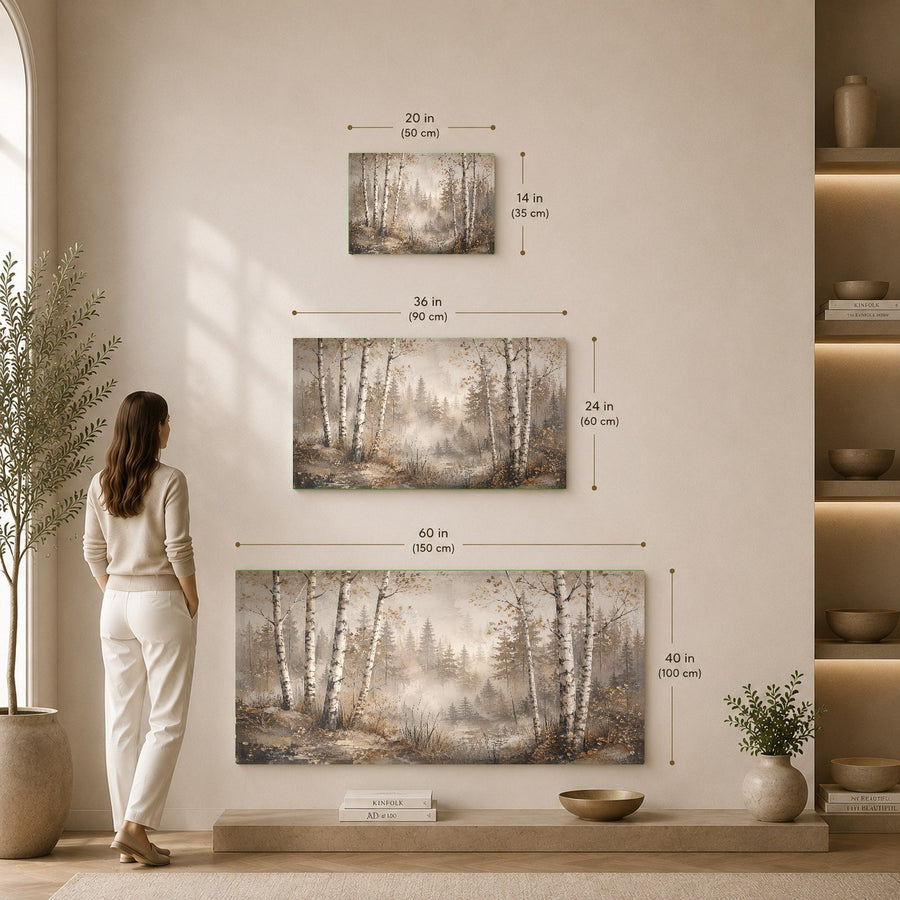 Misty forest print showcased in an upscale hotel suite interior design