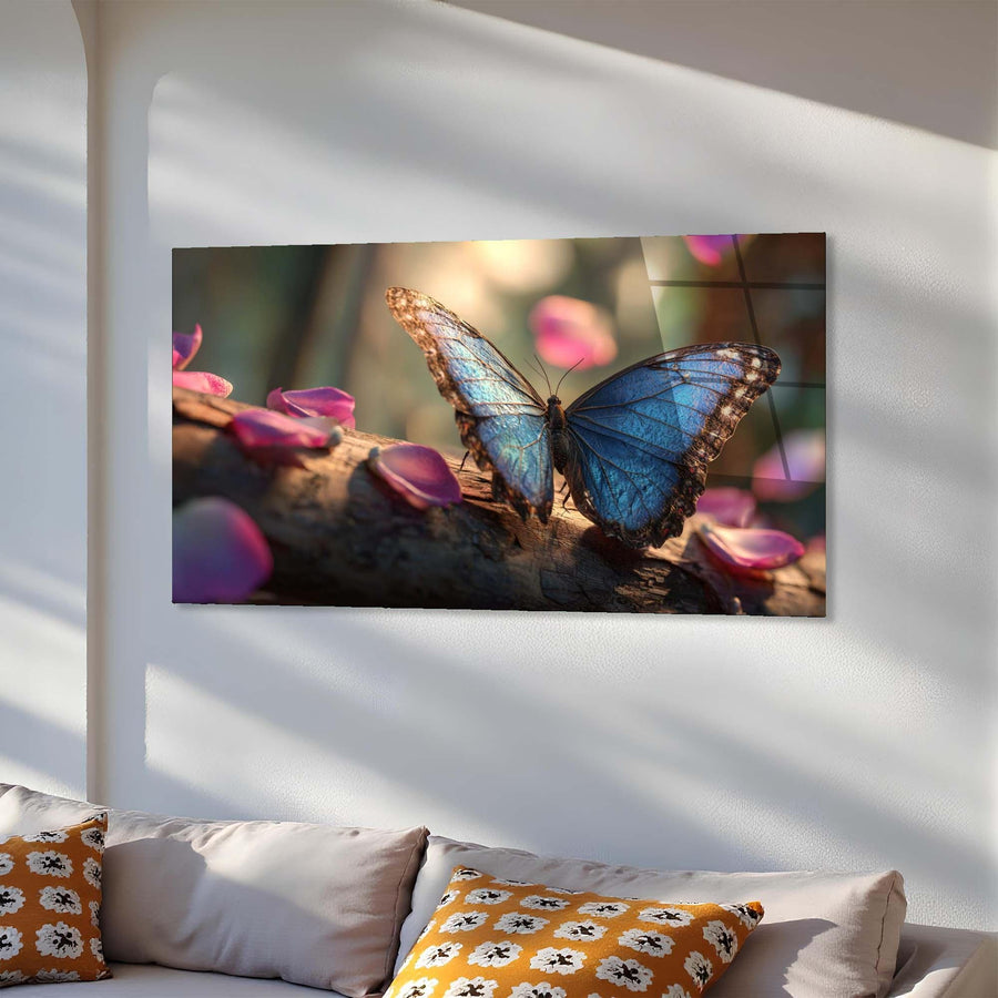 Wall-mounted TV displaying a butterfly on a floral background in a living room.