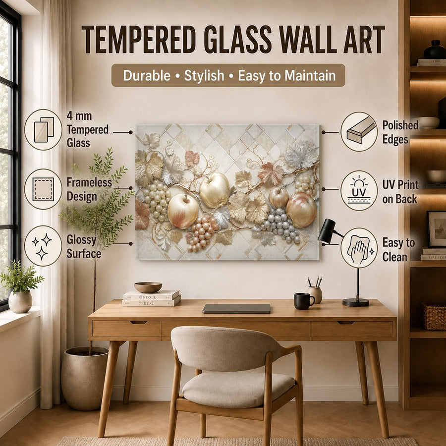 Close-up of Tuscan grape wall decor displaying rich purple and green hues in a sophisticated home wine cellar.