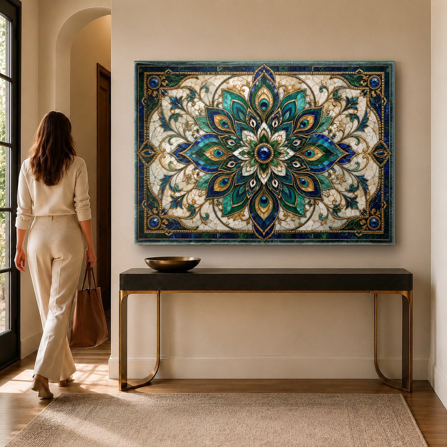 Close-up of a spiritual floral mandala tempered glass print hanging in a serene boho-style bedroom.