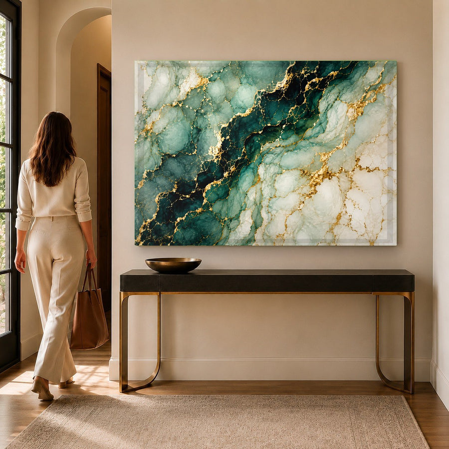 Close-up of the glossy, scratch-resistant surface of the Emerald Veins glass print under gallery lighting.