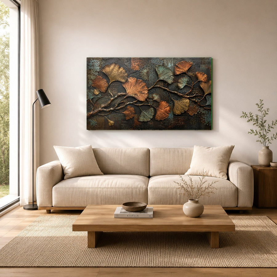 Botanical tempered glass print displayed in a minimalist hallway with warm accent lighting