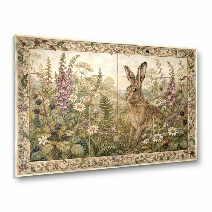 Rabbit glass wall art hanging in a cozy modern living room with neutral sofa