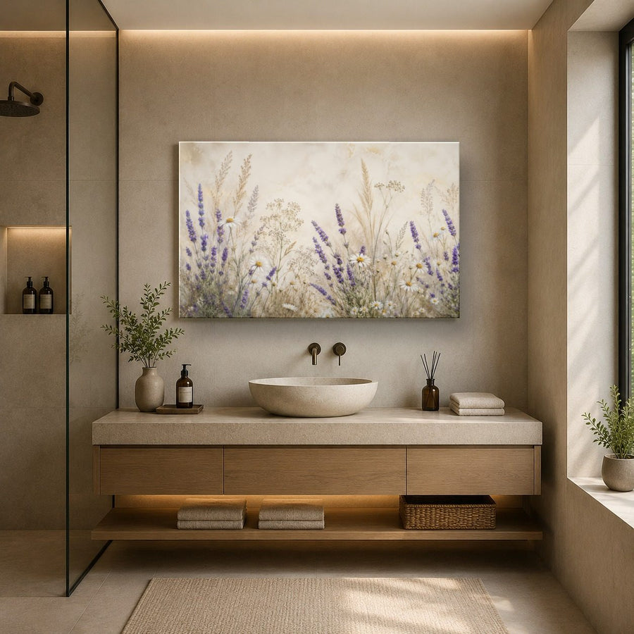 Floral 2 tempered glass wall art displayed in a Bathroom Wall Art — premium UV-printed glass panel by Glass Wall Decor