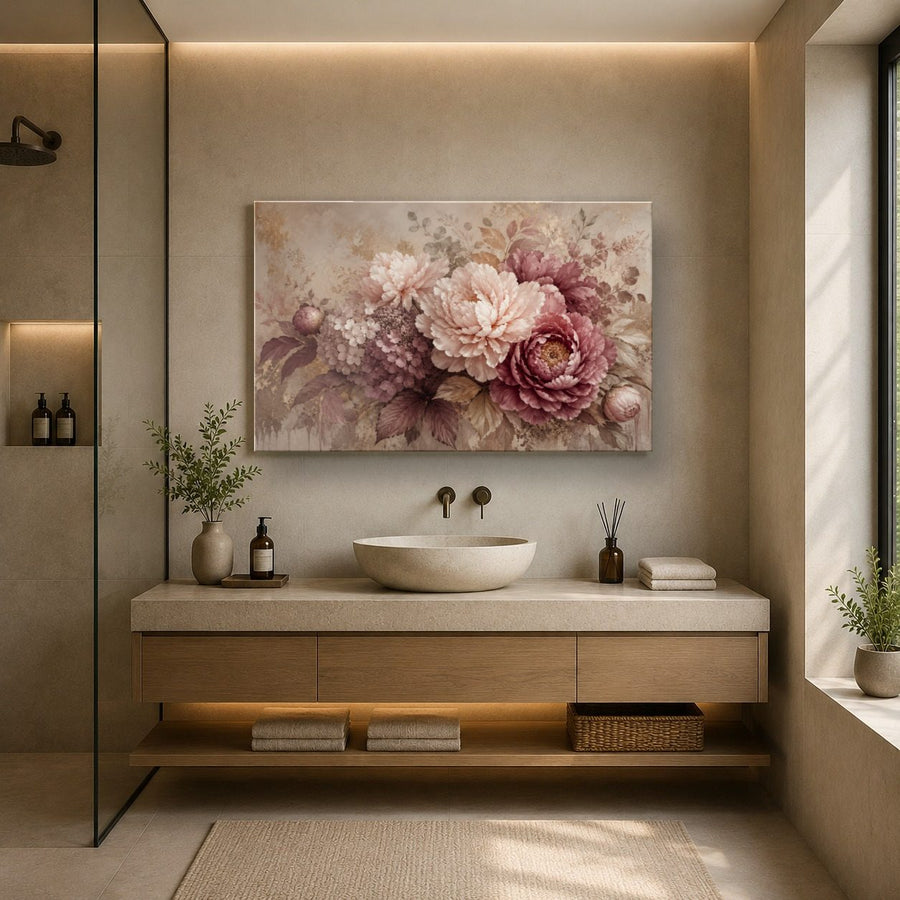 Floral 3 tempered glass wall art displayed in a Bathroom Wall Art — premium UV-printed glass panel by Glass Wall Decor