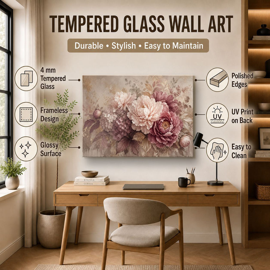 Floral 3 tempered glass wall art displayed in a Office Wall Art — premium UV-printed glass panel by Glass Wall Decor
