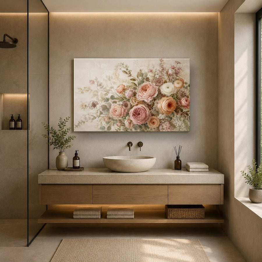 Floral 4 tempered glass wall art displayed in a Bathroom Wall Art — premium UV-printed glass panel by Glass Wall Decor