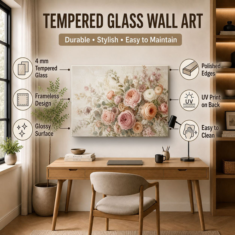 Floral 4 tempered glass wall art displayed in a Office Wall Art — premium UV-printed glass panel by Glass Wall Decor