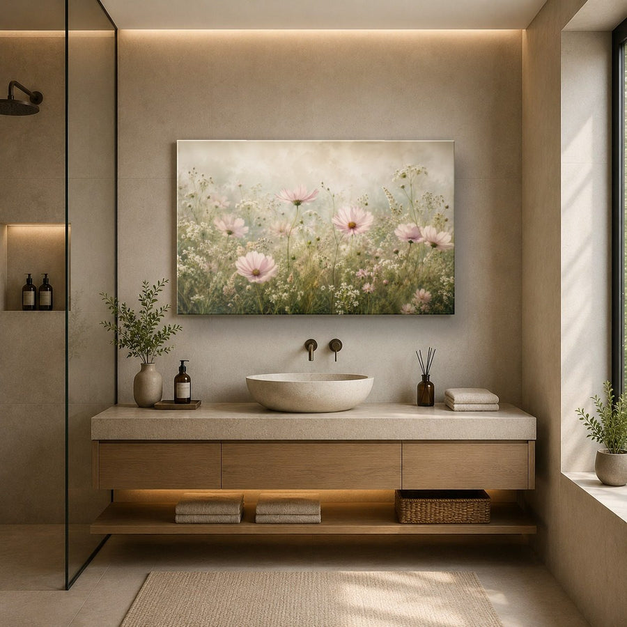 Floral 6 tempered glass wall art displayed in a Bathroom Wall Art — premium UV-printed glass panel by Glass Wall Decor