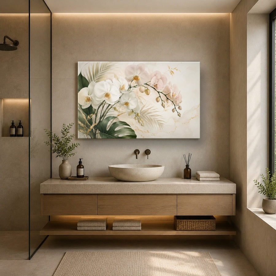 Floral 7 tempered glass wall art displayed in a Bathroom Wall Art — premium UV-printed glass panel by Glass Wall Decor