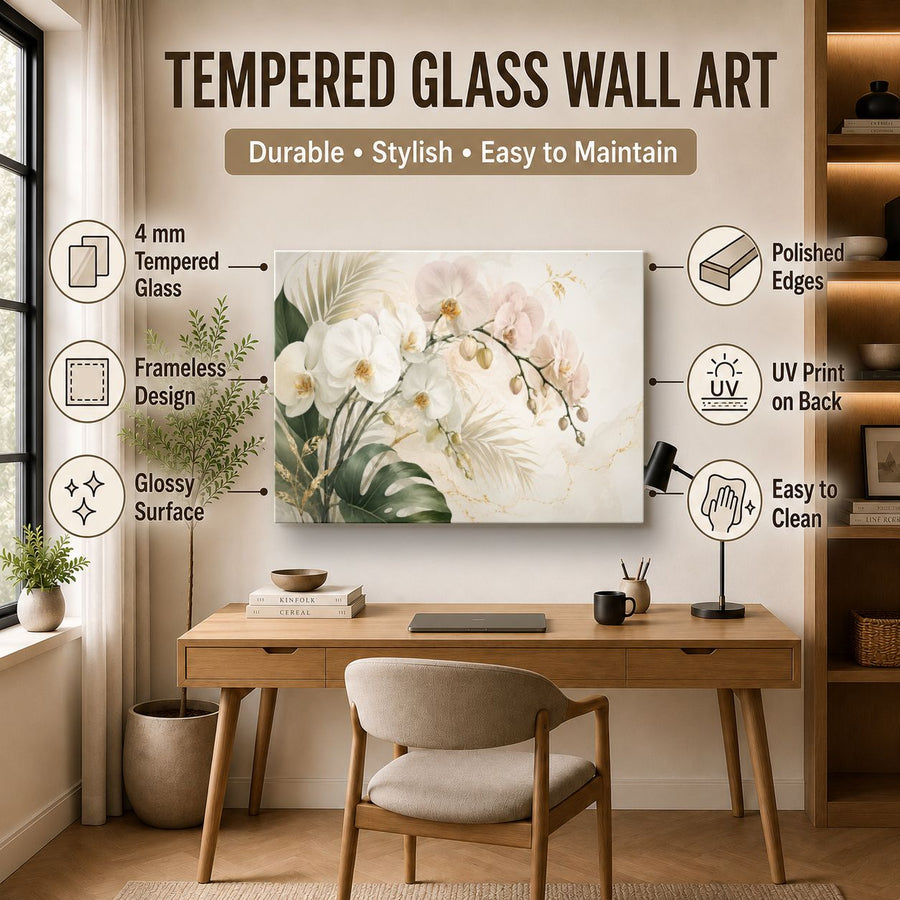 Floral 7 tempered glass wall art displayed in a Office Wall Art — premium UV-printed glass panel by Glass Wall Decor