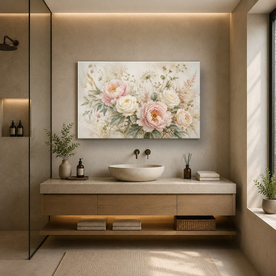 Floral 9 tempered glass wall art displayed in a Bathroom Wall Art — premium UV-printed glass panel by Glass Wall Decor