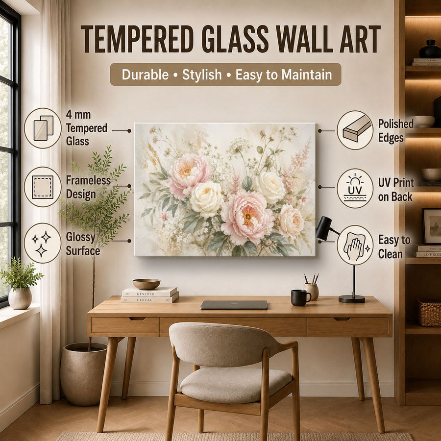 Floral 9 tempered glass wall art displayed in a Office Wall Art — premium UV-printed glass panel by Glass Wall Decor