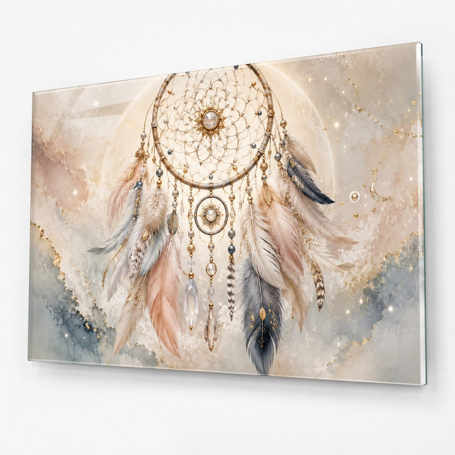 A rectangular wall art print or canvas featuring a dreamcatcher design in soft pastel tones, shown hanging against a plain light wall. The artwork includes a large circular dreamcatcher with feathers in blush pink, gray, cream, and gold, plus subtle watercolor-like background washes and small sparkles.