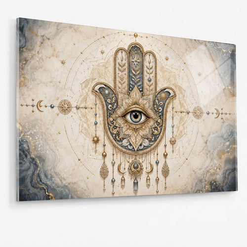 A rectangular wall art print or canvas featuring an ornate Hamsa hand with an eye motif, surrounded by celestial symbols and decorative details on a marbled beige background with blue-gray accents.