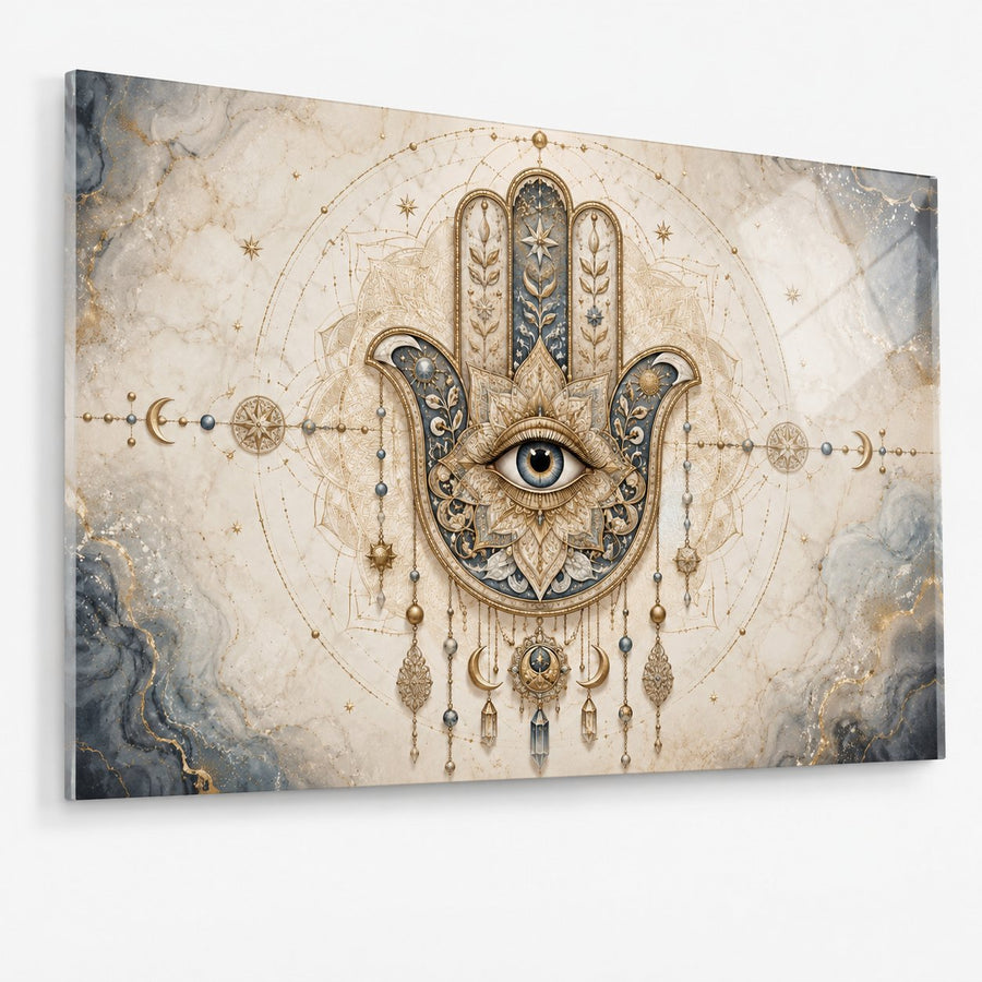 A rectangular wall art print or canvas featuring an ornate Hamsa hand with an eye motif, surrounded by celestial symbols and decorative details on a marbled beige background with blue-gray accents.