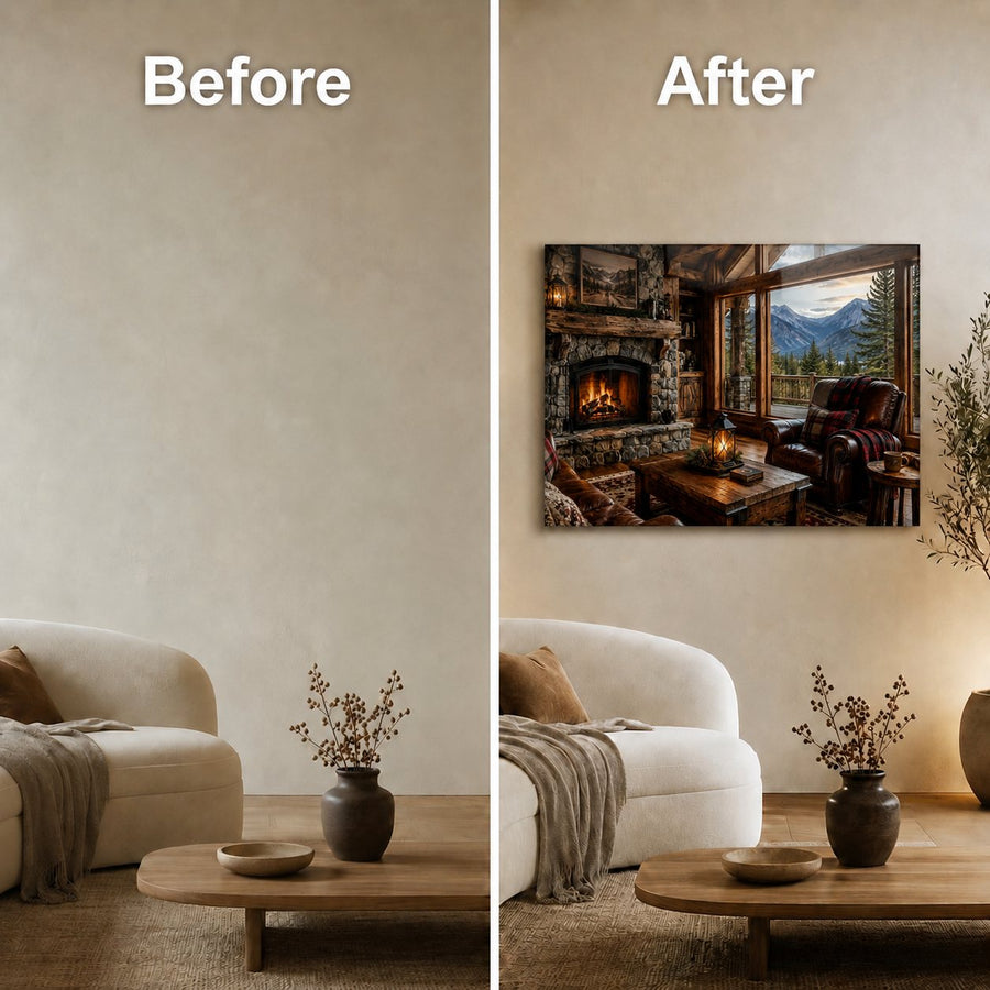 Before-and-after comparison showing a framed wall art print in a cozy living room. On the left, the room has a blank beige wall.