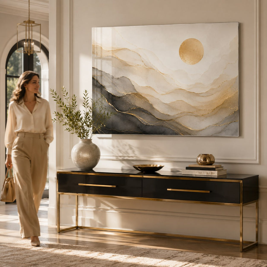 Tempered Glass Wall Art Gray Gold Fluid Stone