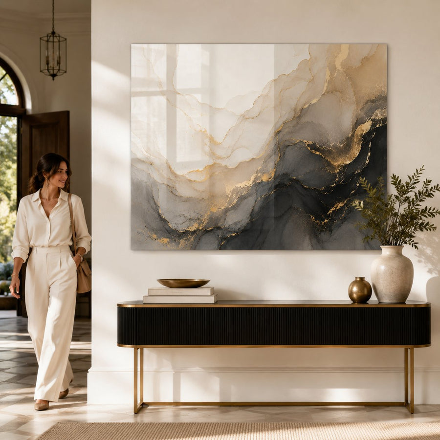 Tempered Glass Wall Art Golden Sun Mountain Abstract