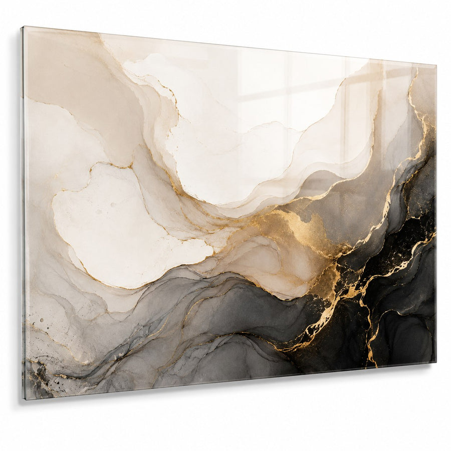 Tempered Glass Wall Art Black Gold Swirl Design