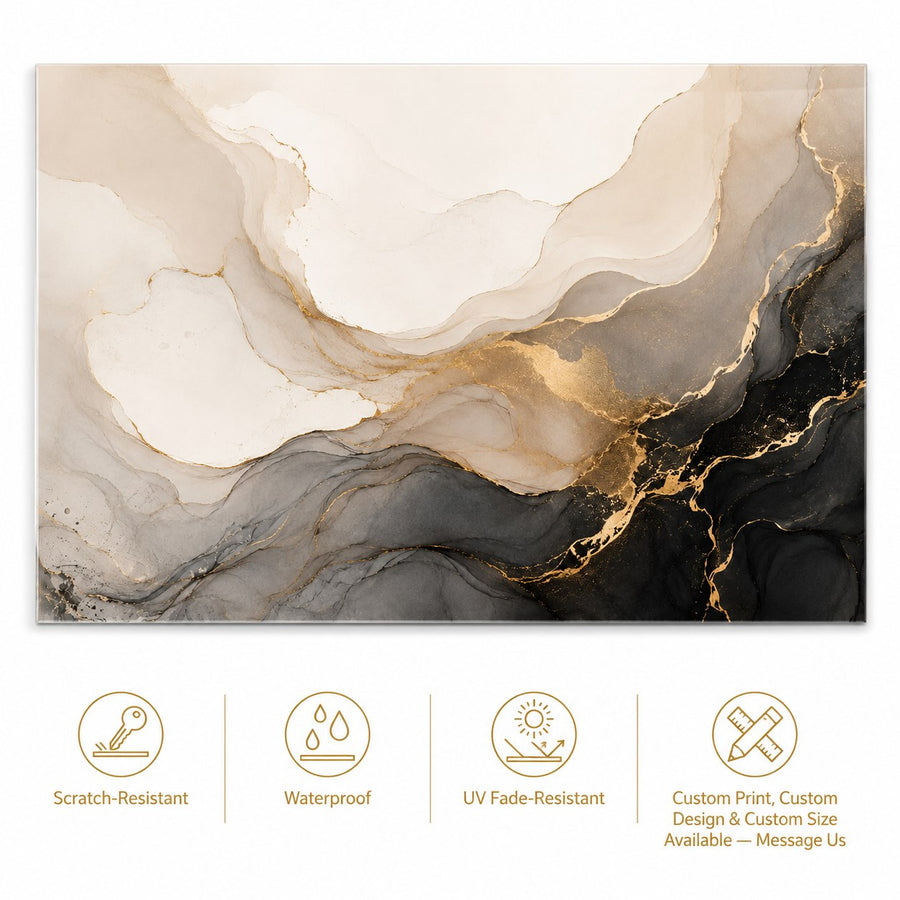 Tempered Glass Wall Art Black Gold Swirl Design