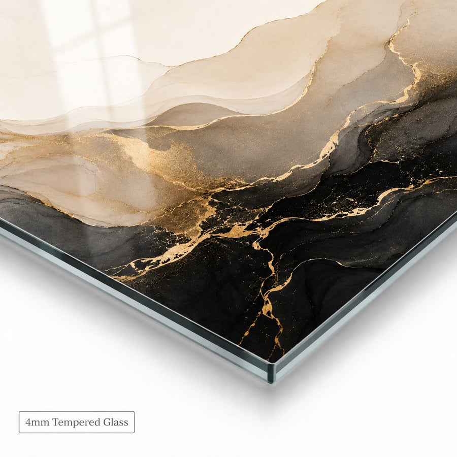 Tempered Glass Wall Art Black Gold Swirl Design