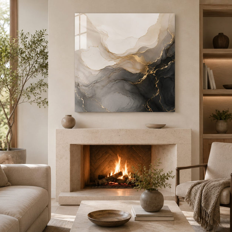 Tempered Glass Wall Art Black Gold Swirl Design