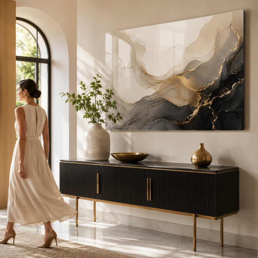 Tempered Glass Wall Art Black Gold Swirl Design