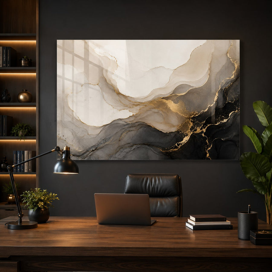 Tempered Glass Wall Art Black Gold Swirl Design