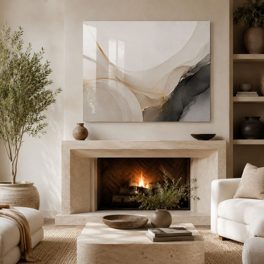 Tempered Glass Wall Art Beige Gray Circle Abstract