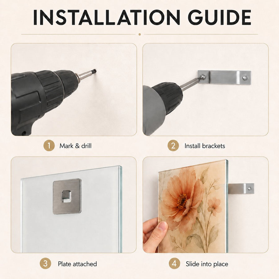 Installation guide showing four steps: marking and drilling, installing metal brackets, attaching a glass plate, and sliding the floral panel into place.