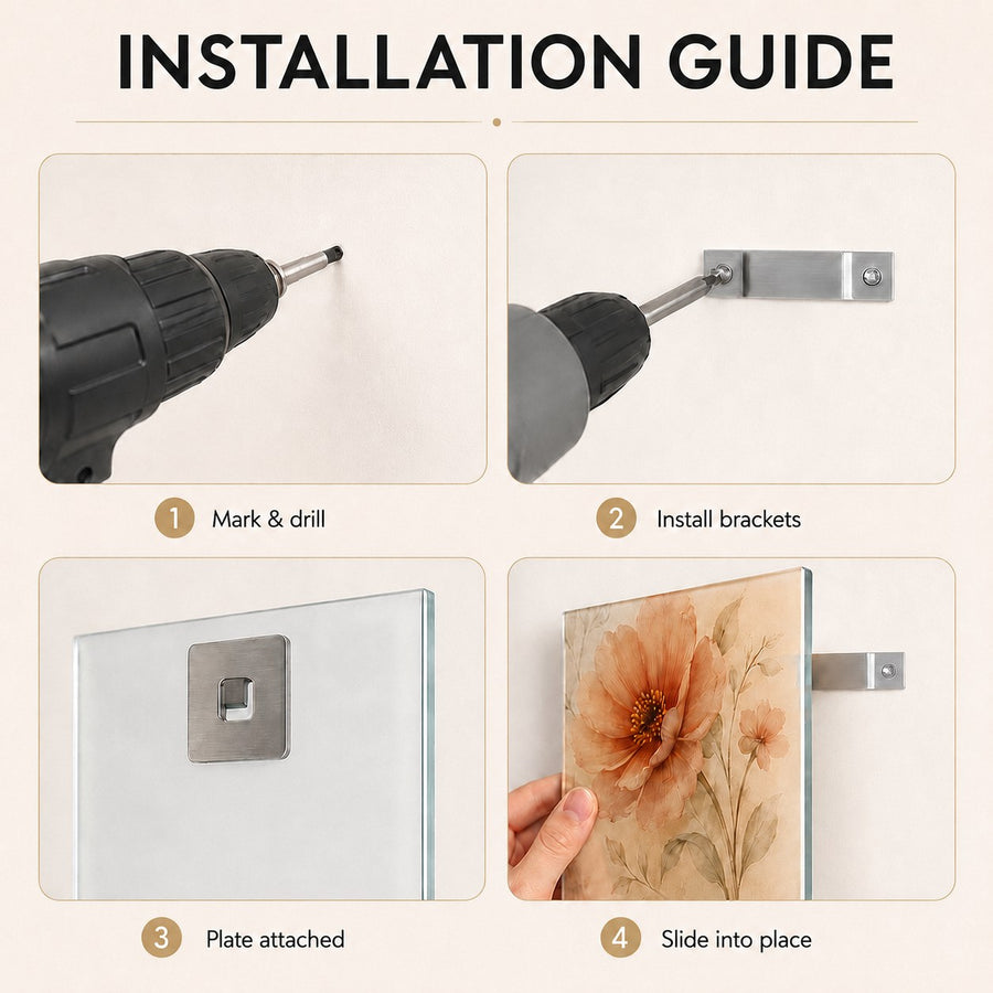 Installation guide infographic showing four steps: marking and drilling, installing metal brackets, attaching a glass plate, and sliding the floral panel into place. A hand is visible in step 4.