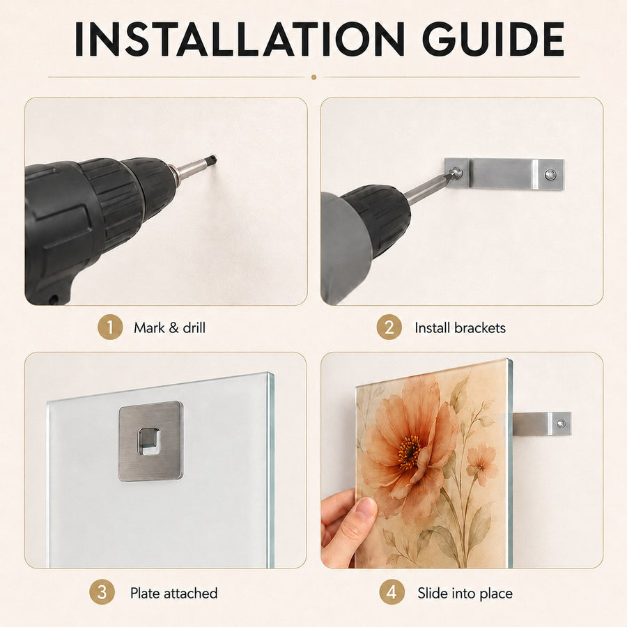 Installation guide showing four steps: marking and drilling, installing metal brackets, attaching a glass plate, and sliding the floral panel into place.