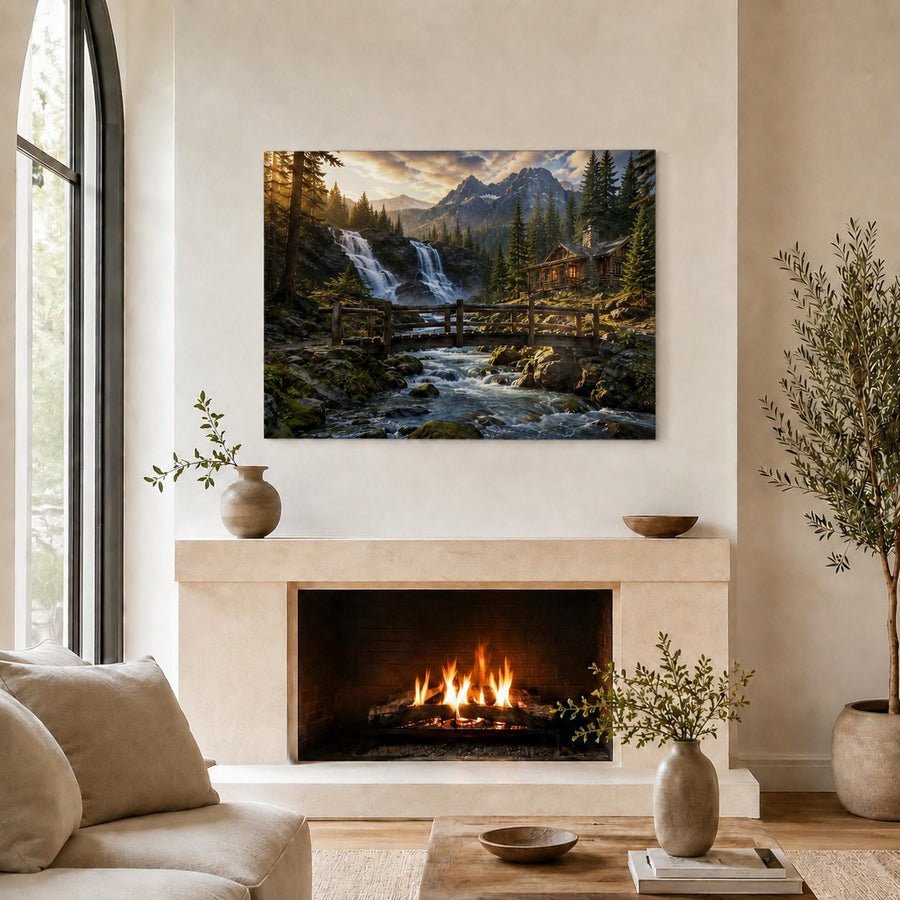 A framed landscape art print depicting a scenic mountain waterfall and river, displayed on a wall above a fireplace in a styled living room setting.