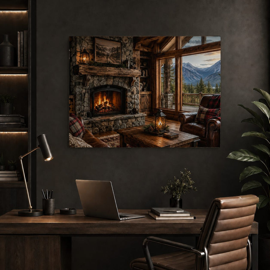 A large rectangular wall art print depicting a cozy mountain lodge living room with a stone fireplace, windows, and mountain view, displayed above a wooden desk in a dark modern room.