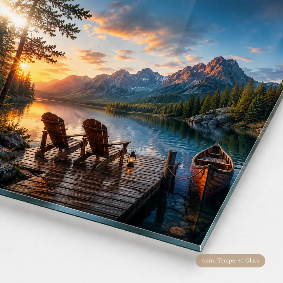 Tempered glass wall art featuring mountain lake sunset with dock and canoe, front view