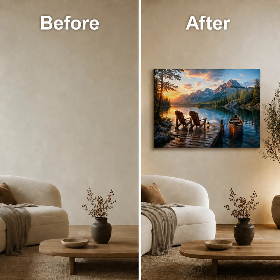 Tempered glass wall art featuring mountain lake sunset with dock and canoe, front view