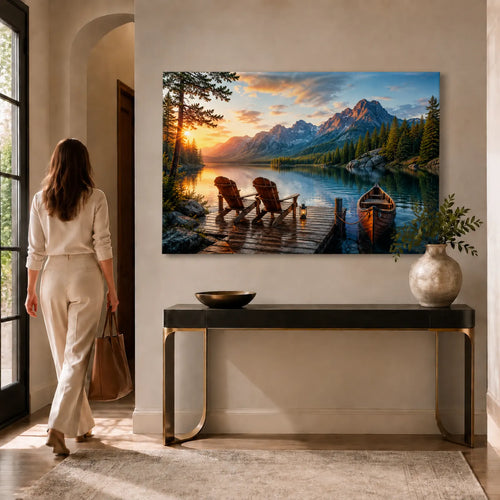 Tempered glass wall art featuring mountain lake sunset with dock and canoe, front view