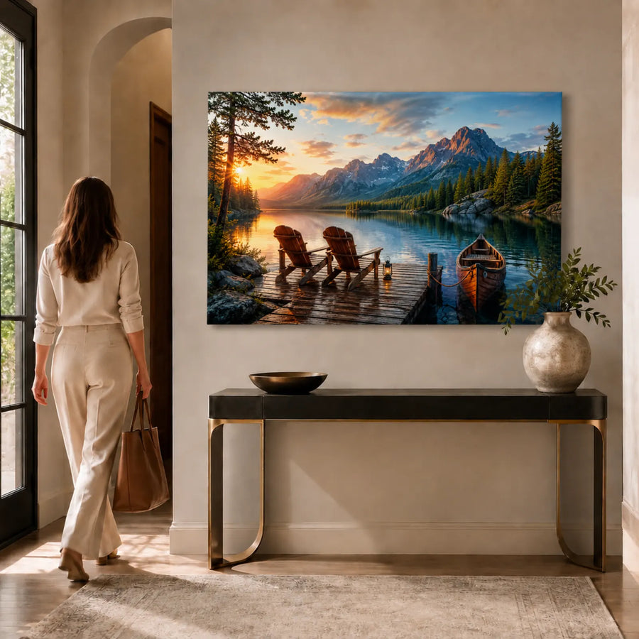Tempered glass wall art featuring mountain lake sunset with dock and canoe, front view