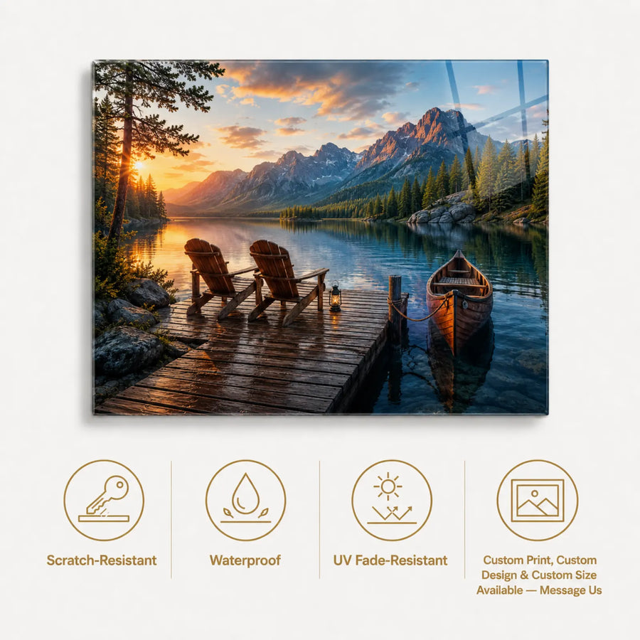 Tempered glass wall art featuring mountain lake sunset with dock and canoe, front view