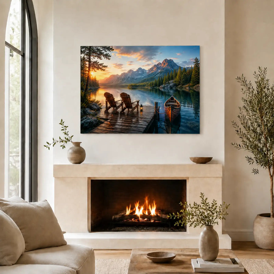 Tempered glass wall art featuring mountain lake sunset with dock and canoe, front view