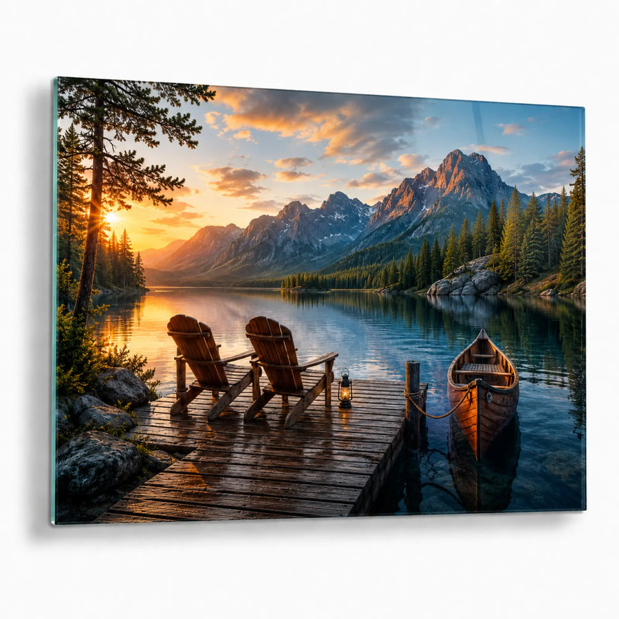 Tempered glass wall art featuring mountain lake sunset with dock and canoe, front view