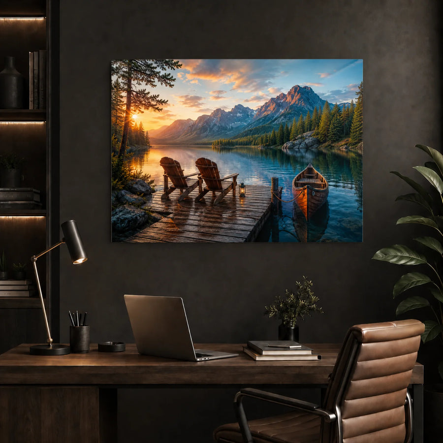 Tempered glass wall art featuring mountain lake sunset with dock and canoe, front view