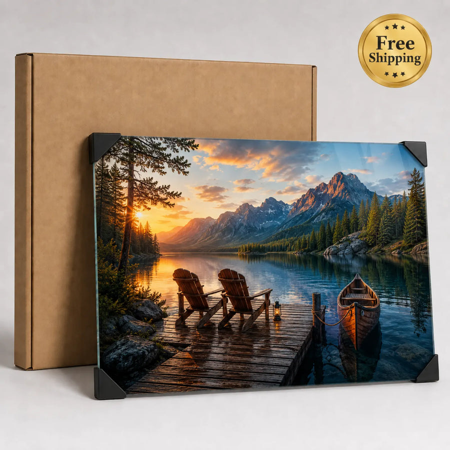 Tempered glass wall art featuring mountain lake sunset with dock and canoe, front view