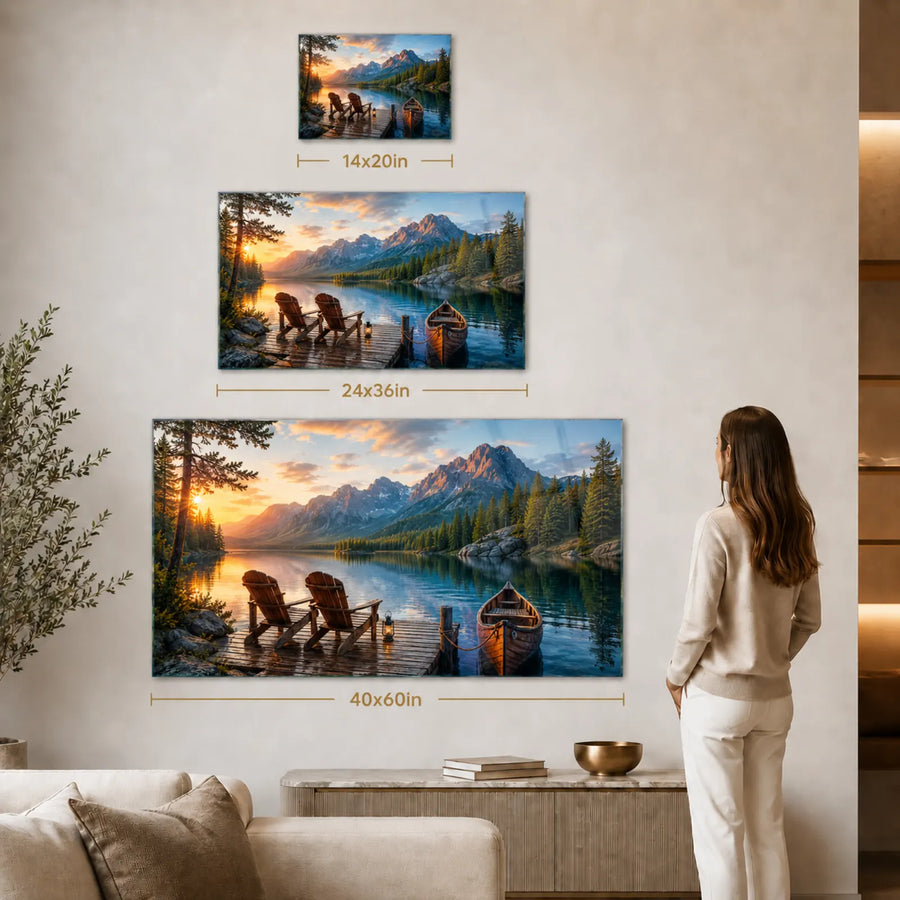 Tempered glass wall art featuring mountain lake sunset with dock and canoe, front view