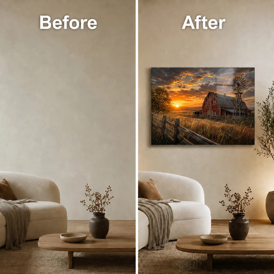 A side-by-side before and after comparison showing a framed wall art print in a living room. The left side is labeled 'Before' and shows a blank beige wall.